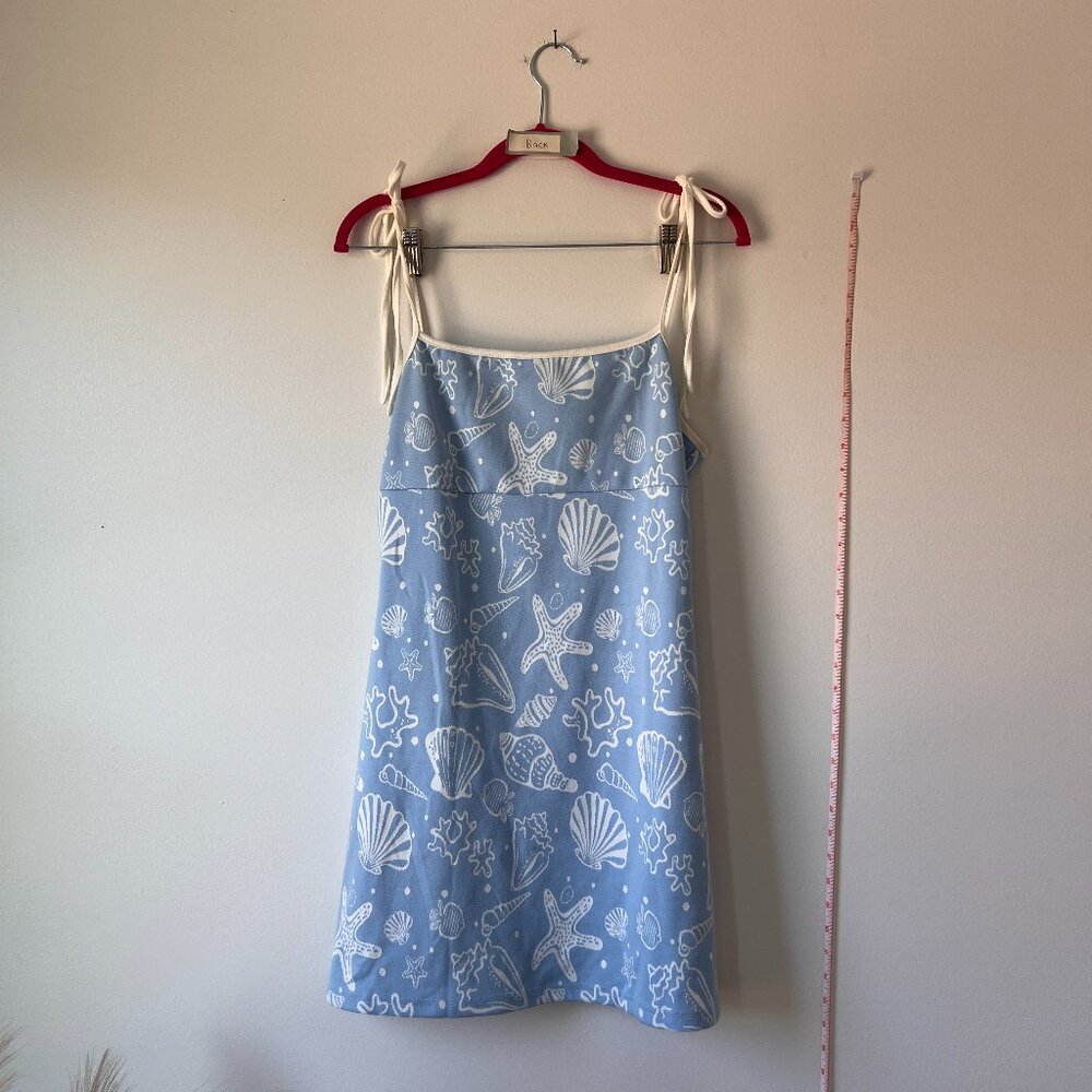 Cider Blue & White Seashell Print Tie Strap Mini Dress | Size L